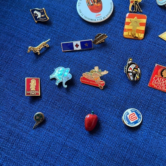Collection of 70+ pins and 1 jewelry box.